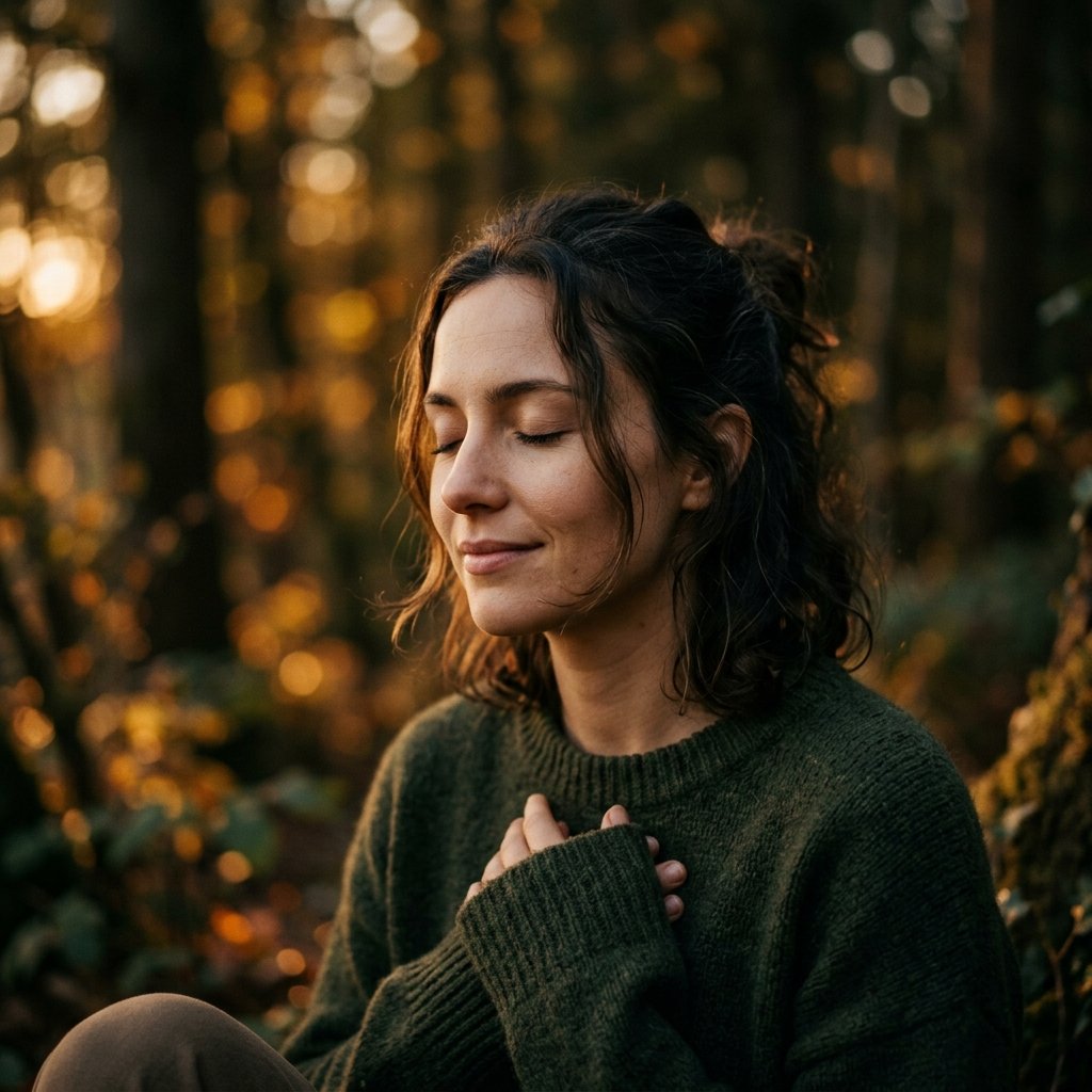 Persona aplicando técnicas de regulación emocional para recuperar la calma, ojos cerrados en un entorno natural