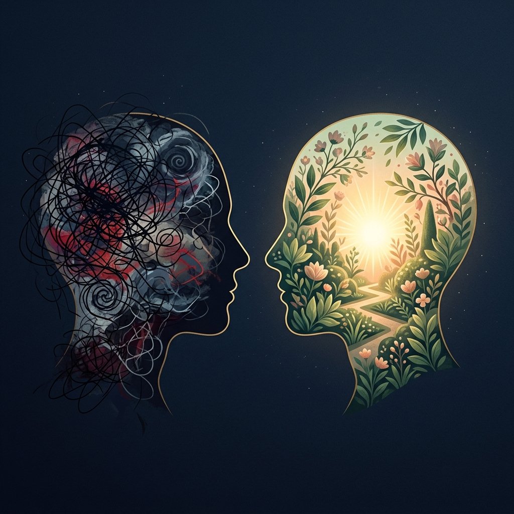 Comparación visual entre la mente reactiva llena de caos y la mente consciente con claridad y orden interior