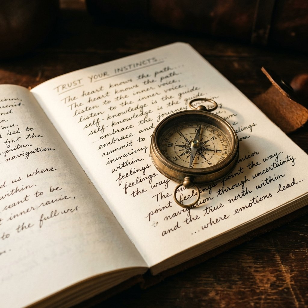 Brújula antigua y diario abierto representando el mapa emocional y la guía interna para el autoconocimiento