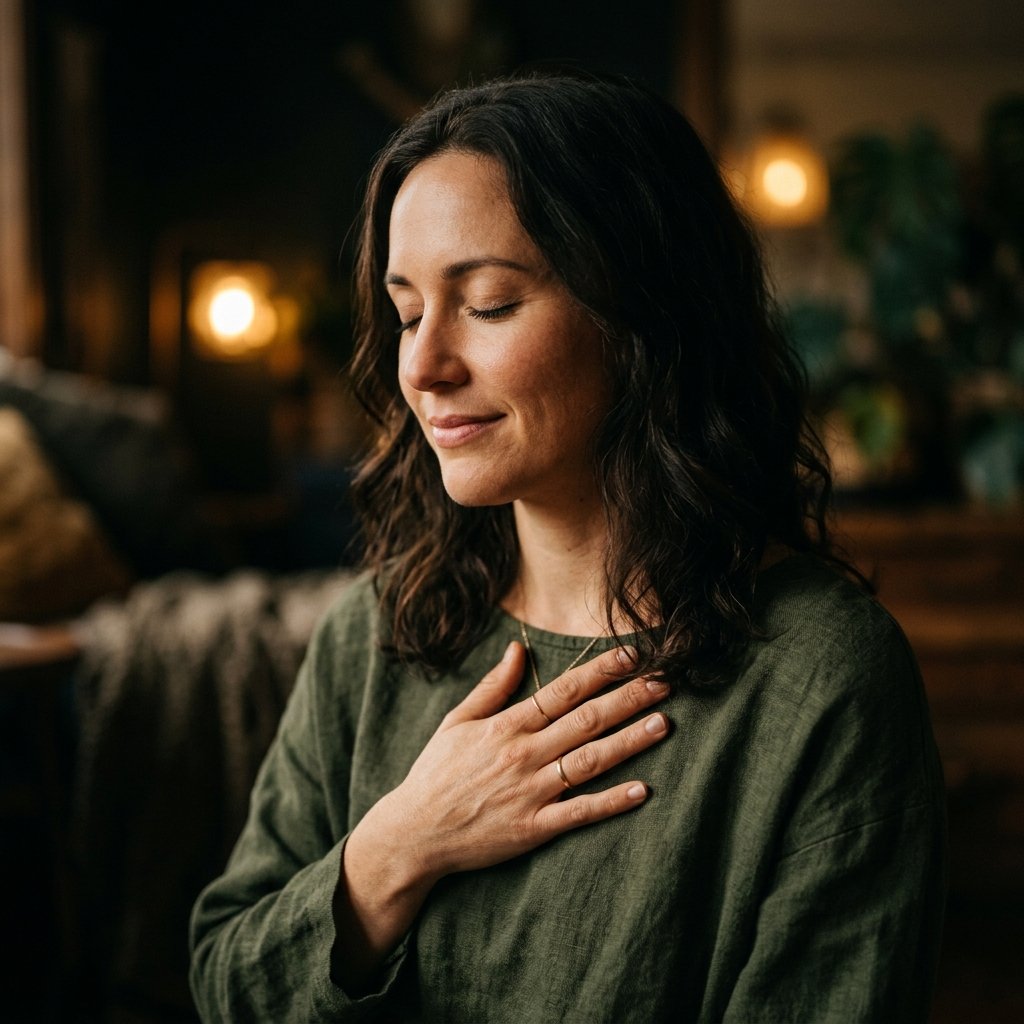 Persona con mano en el pecho practicando técnica de regulación emocional para conectar con el presente