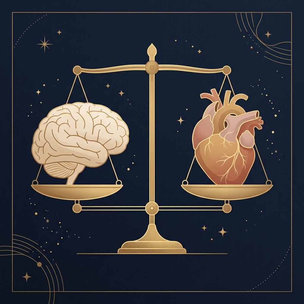 Equilibrio entre razón y emoción para una toma de decisiones consciente, cerebro y corazón en una balanza